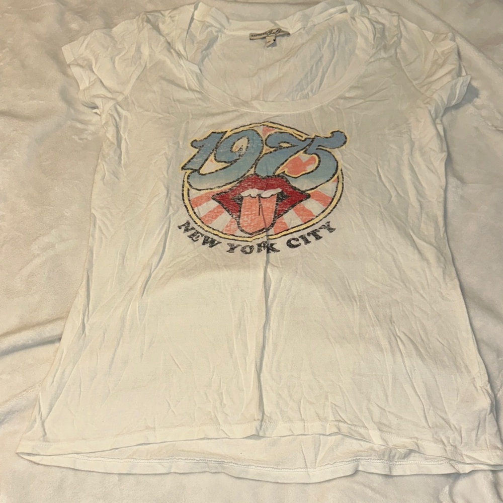 Express White Short Sleeve Graphic Tee with Red & Blue Accents